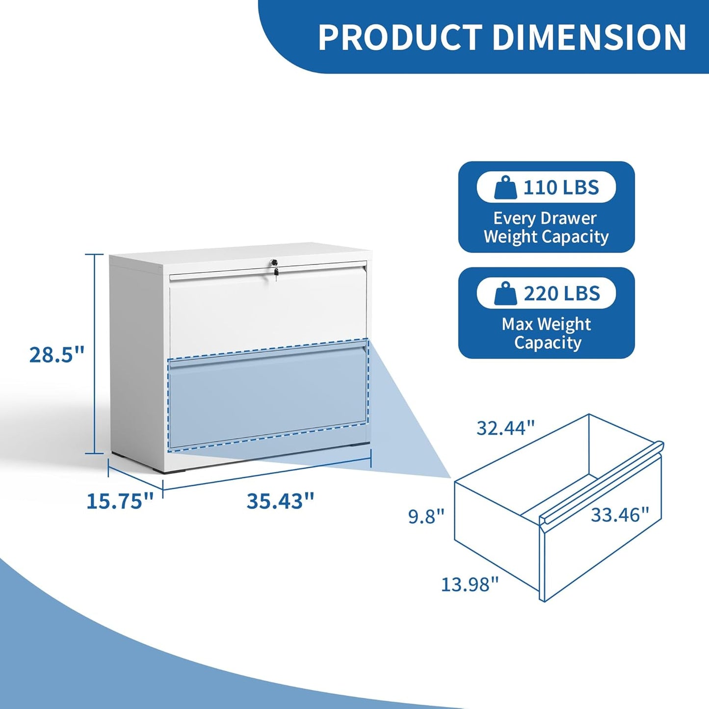 Lateral File Cabinet with Lock, Metal File Cabinets for Home Office Legal/Letter A4 Size, File Cabinet with 2 Drawer Storage Cabinet, Require Assembly, White