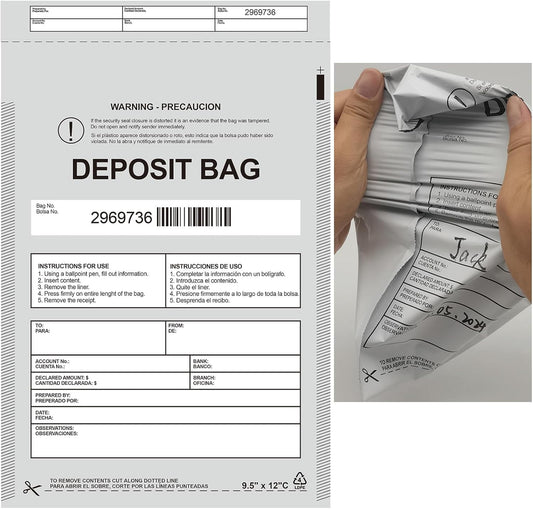 Plastic Deposit Bags 100-Pack Opaque 9.5''x 15'', Opaque Security Bank Deposits Bags,Cash register bag,Money bag for Cash,Bank Pocket,Tamper-Evident Bag,Unique Barcode