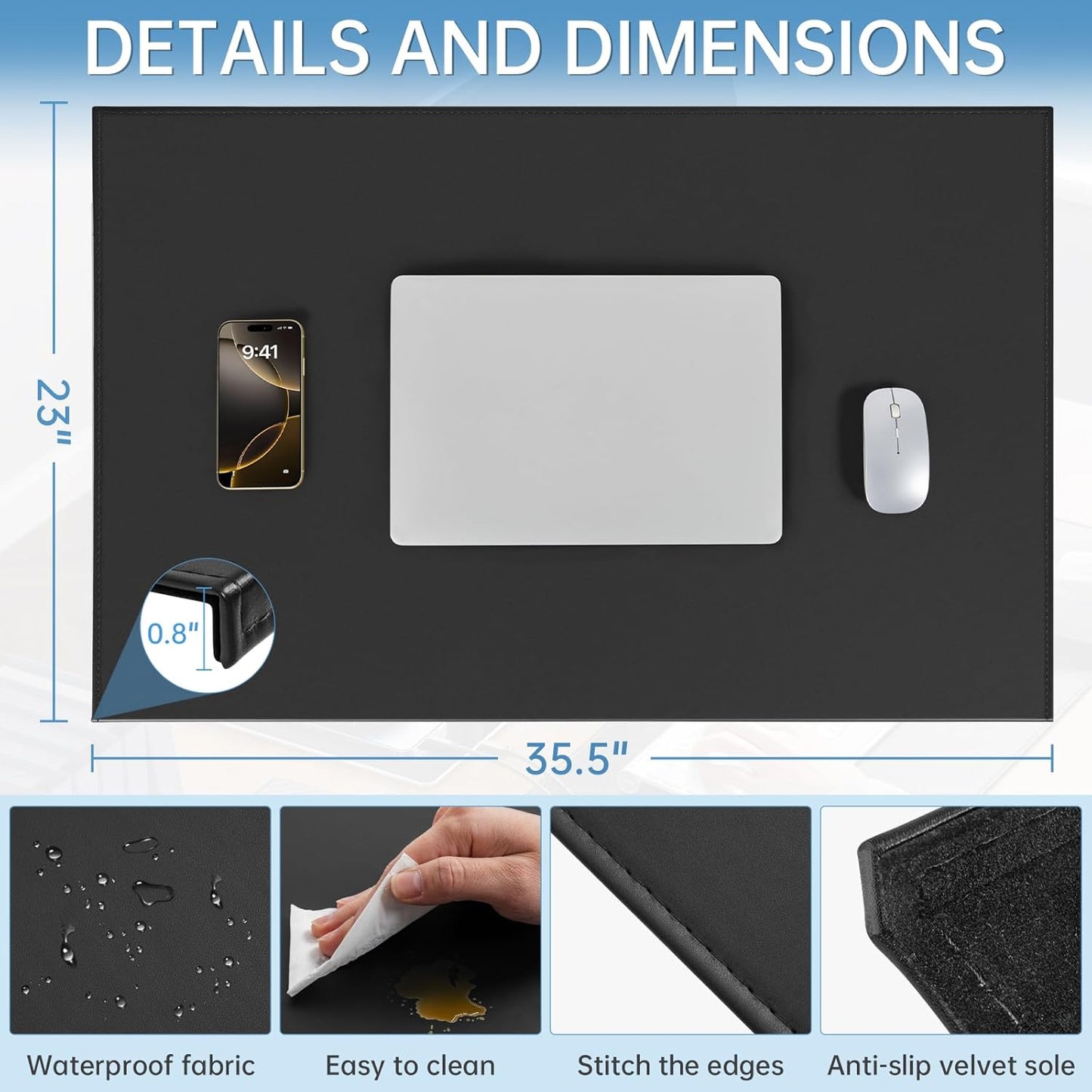 AKOZLIN 35.4"x22.8" Soft PU Leather Surface Office Desk Mouse Mat Pad with Full Grip Fixation Lip Table Blotter Edge-Locked Protector