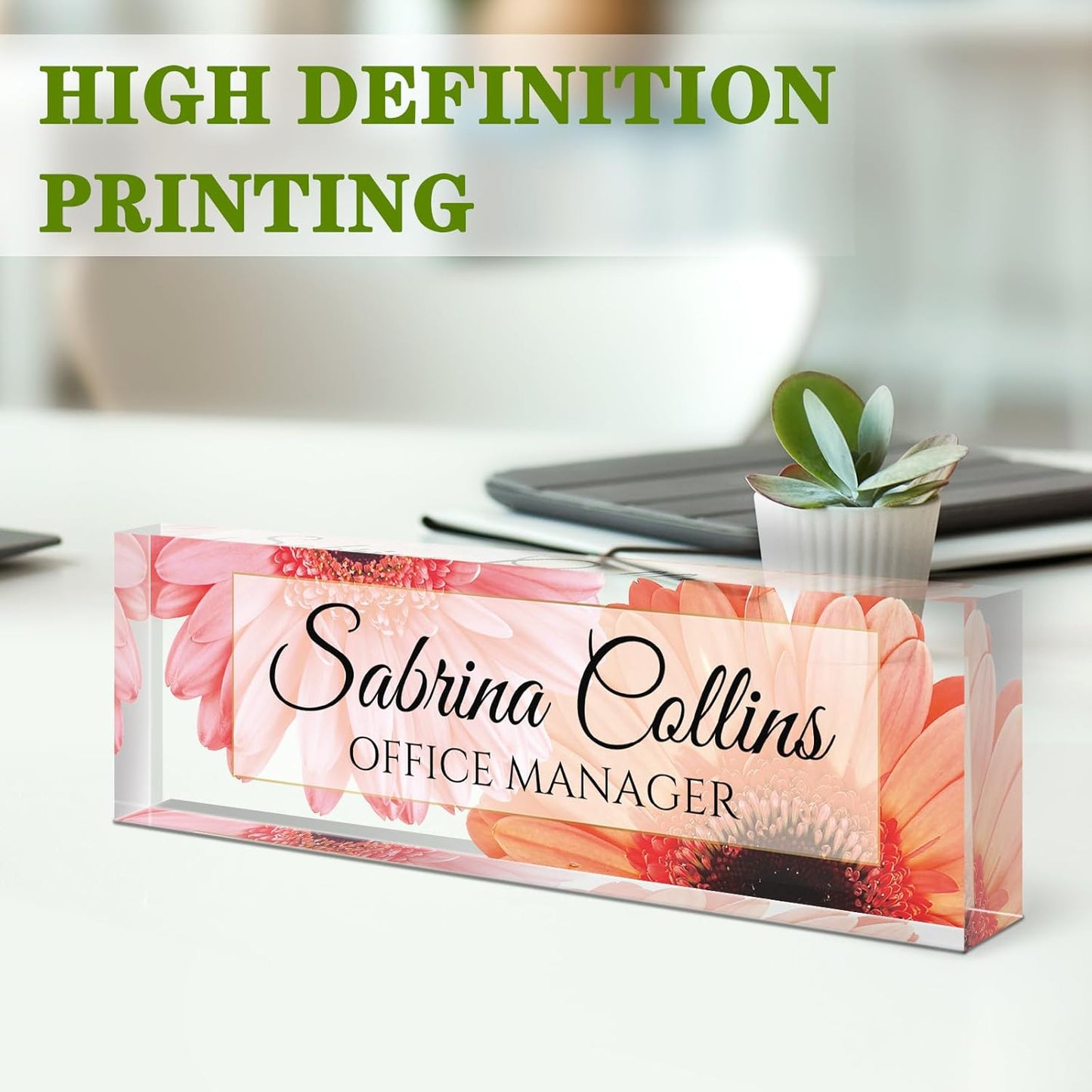 Name Plate for Desk, Desk Name Plate Personalized, Office Decor for Women Men, Acrylic Desktop Accessories, Office Appreciation Gifts for Boss Social Workers Nurse Teacher Employee (Sunflowers A)