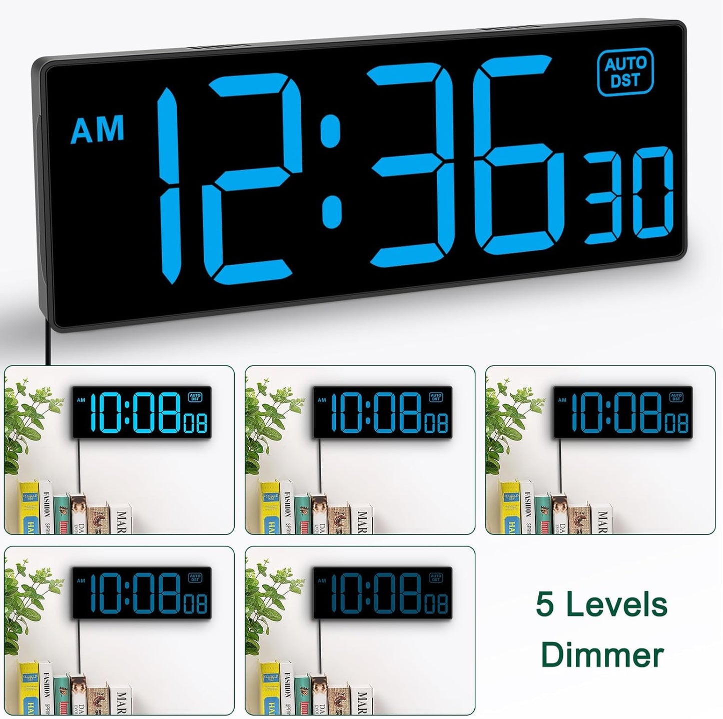 Soobest LED Wall Clock Digital Clock with Seconds, Electric Plug in Large Big Numbers Clock 5 Dimmers Wall Mount for Living Room, Auto DST, 10 Inches (Blue)