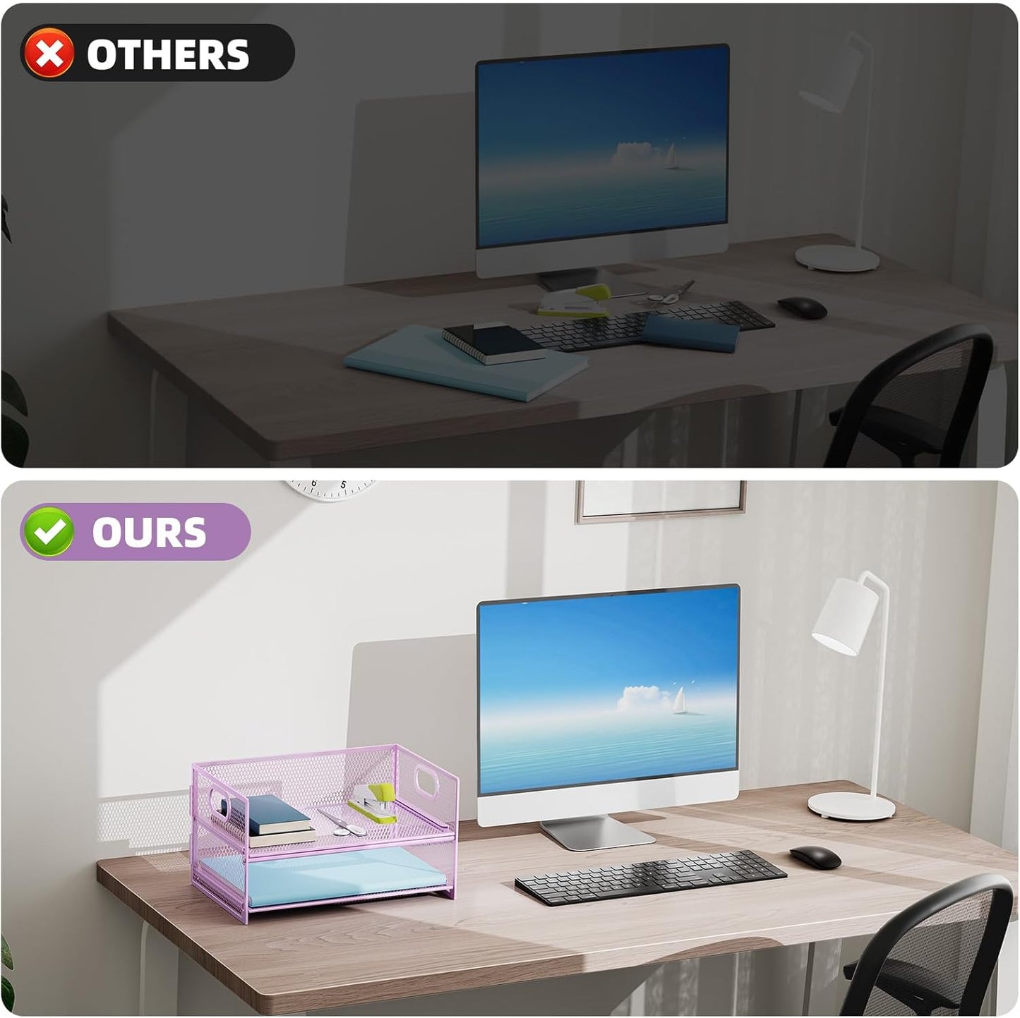 Marbrasse 2 Tier Paper Organizer Letter Tray, Mesh File Organizer with Handle, Paper Sorter Desk Organizer for Home Office Supplies - Purple