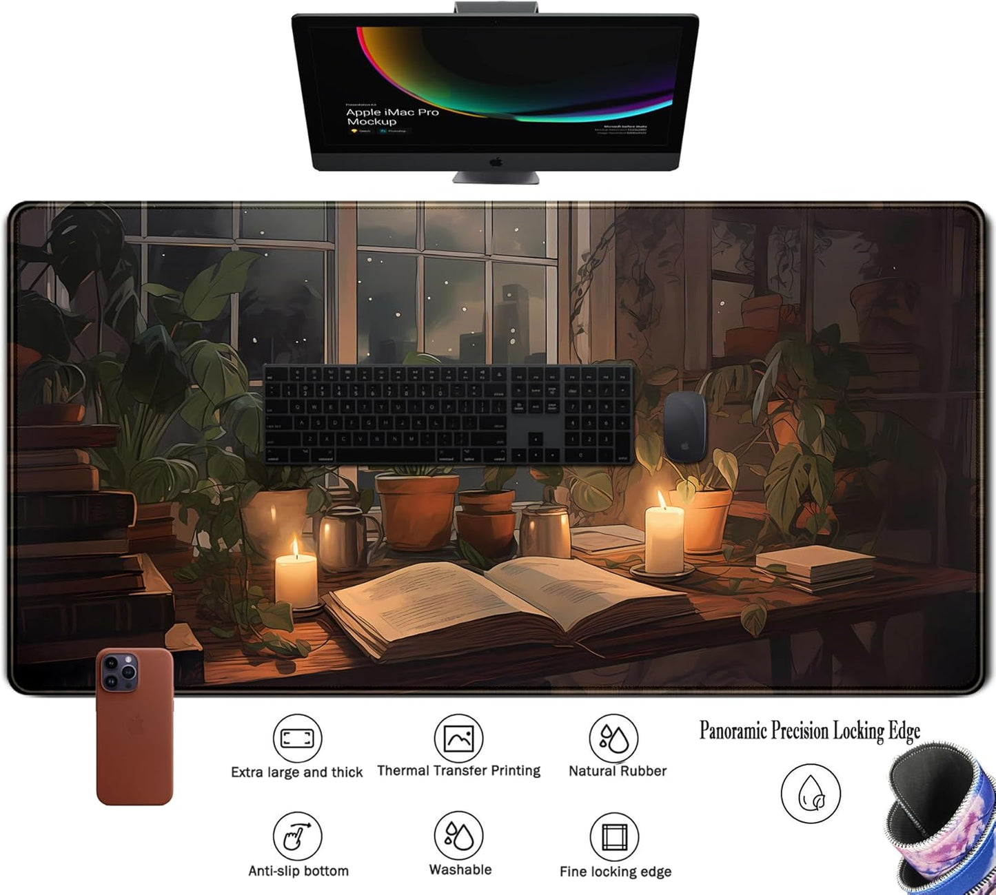 Cute Book Lover Desk Mat Dark Academia Mouse pad XXL Large Extended Mousepad Gaming Desk Pad with Stitched Edges, Cozy Lofi Deskmat Laptop Computer Keyboard and Mouse Mat Decor Pad, 31.5x15.7 in