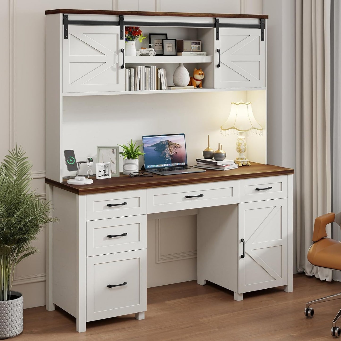 Farmhouse 67" H Executive Desk with Hutch,Office Desk with 5 Drawers, Computer Desks with Storage Cabinet & File Drawers and Charging Station, Workstation for Home Office and Study.(Unique White)