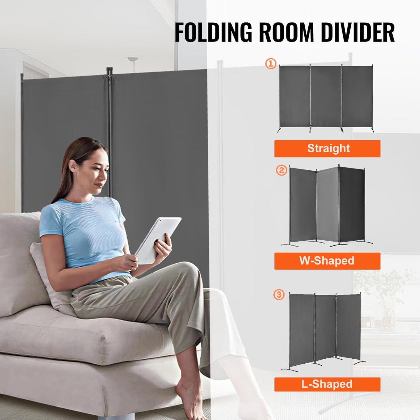 VEVOR Room Dividers, 3 Panel Room Divider, Folding Privacy Screen and Portable Partition Divider for Room Separation, Freestanding Room Partitions for Office, Bedroom, Study, Grey