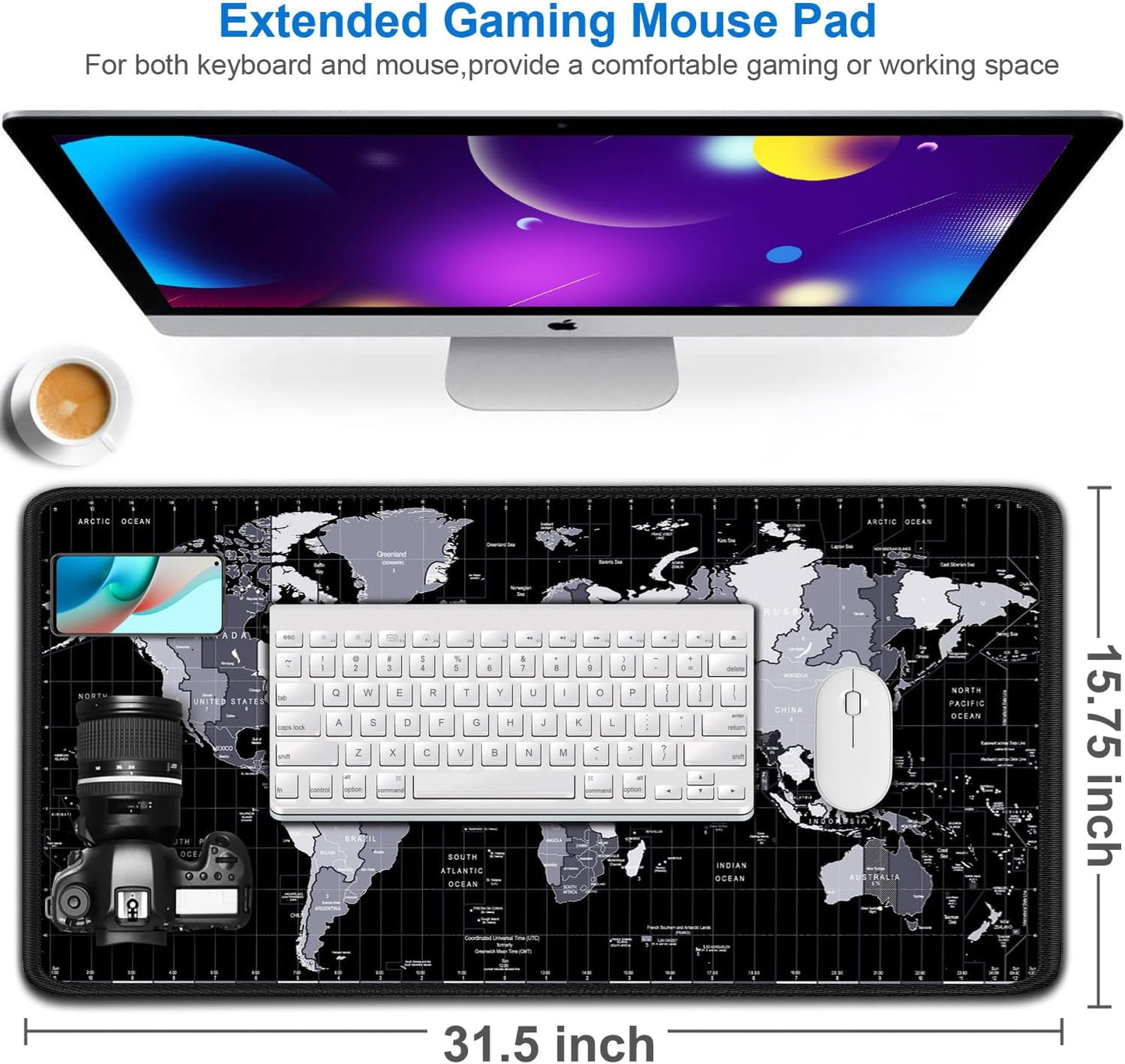 Large Mouse Pad, 31.5x15.7 inch Large Extended Computer Keyboard Mouse Mat, Water Resist Non-Slip Mousepad Rubber Base Long XXL Desk Mouse Pad for Work & Gaming, Office & Home, Grey Map