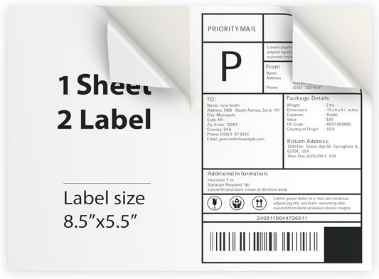 300 Sheet (600 Labels) | 8.5" x 11" 2 UP Half Sheet Self Adhesive Shipping Labels for Laser & Inkjet Printers | Ecommerce, Address, Mailing, Labeling, Packaging