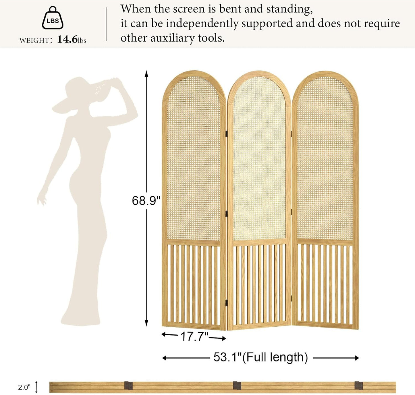 3-Panel Hand-Woven Rattan Room Divider, Tall Foldable Privacy Screen with Wooden Frame - Freestanding Portable Partition for Home Office, Bedroom, Bathroom(Natural-Pine)
