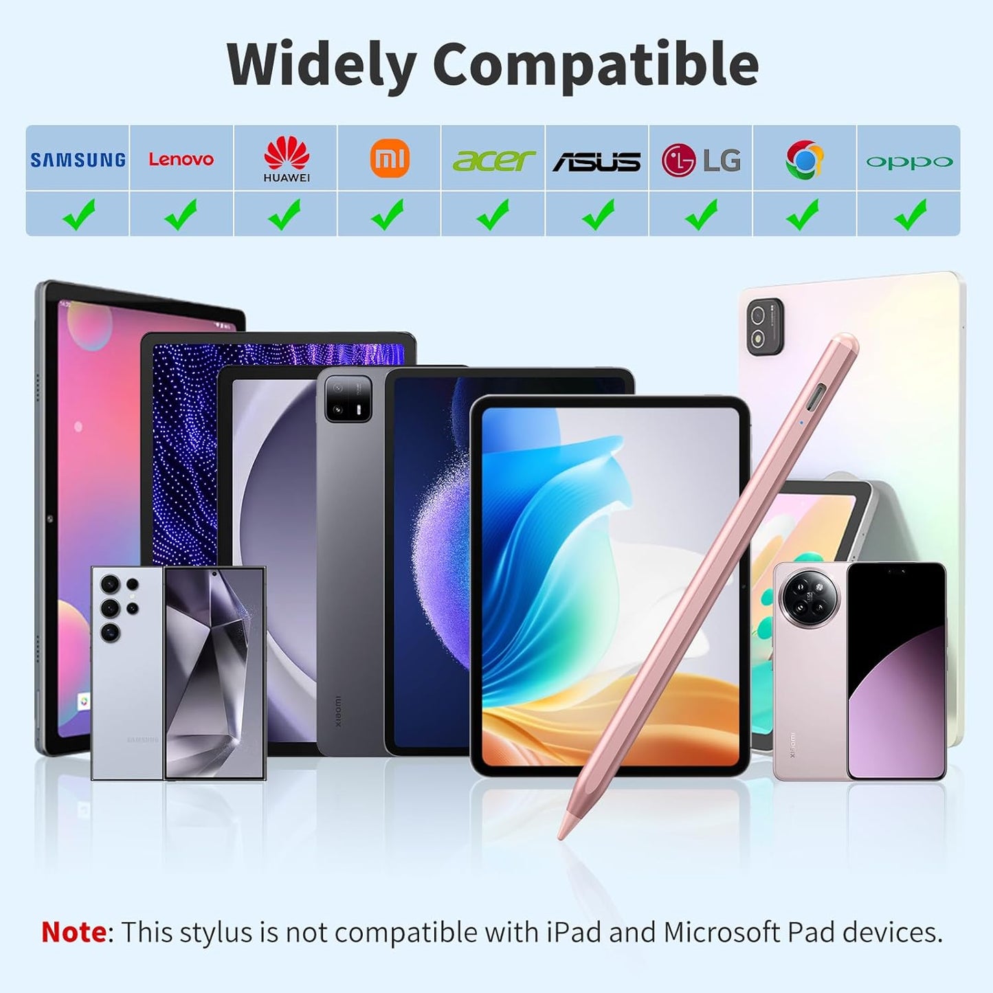 Stylus Pen for iOS&Android Touch Screens, Active Pencil for Samsung, Smart Digital Stylus Pens for Lenovo/Huawei/Vivo/Mi Tablets, iPhone/Google Pixel Smart Phones Drawing&Writing (Rose Gold)