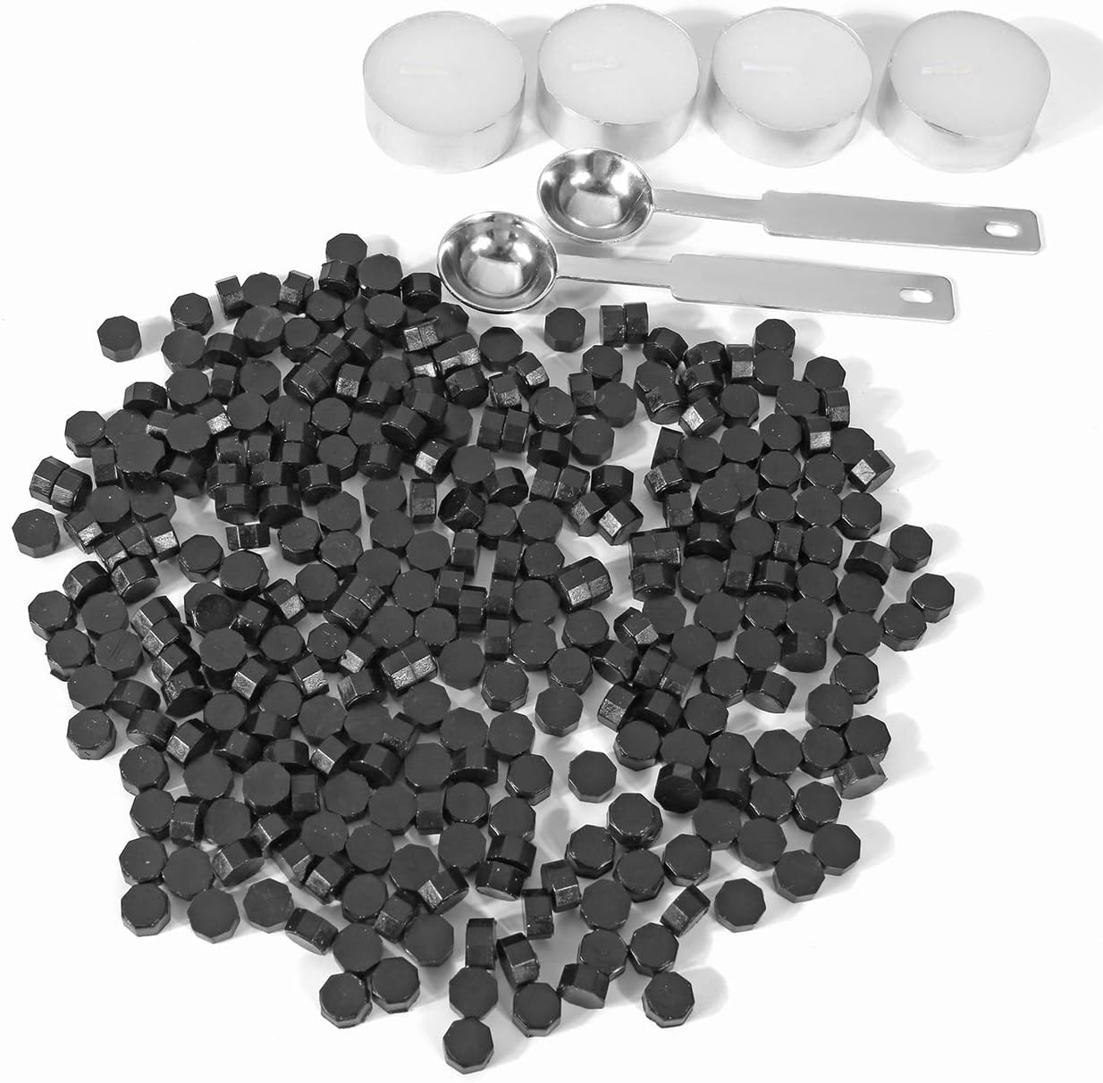 Black Sealing Wax Beads, Yoption 300 Pcs Octagon Wax Seal Beads Kit with 2 Melting Spoon and 4 Candles for Wedding Invitation Envelopes Gift Wrapping (Black)