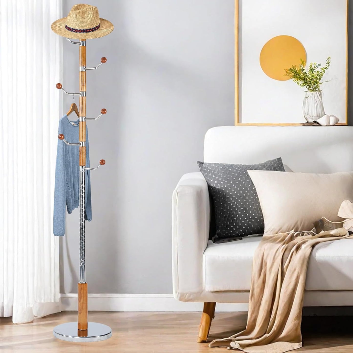 Coat Rack Freestanding, Metal Wooden Coat Tree with 6 Hooks, Heavy Duty Coat Hanger Stand with Resin and Stainless Steel Base, Free Standing Hall Tree for Scarf, Bag, Jacket (Metal)