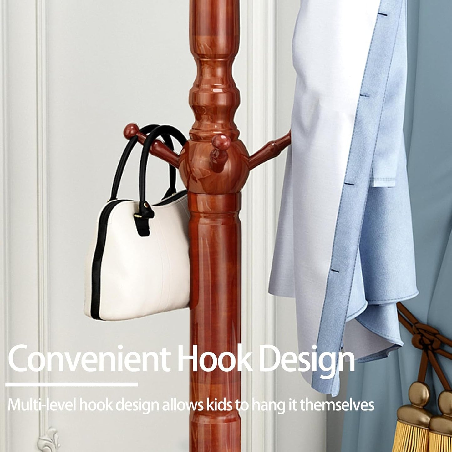 Wooden Coat Rack, Heavy Duty Coat Rack Freestanding with 11 Smooth Hooks, Coat Tree, Vintage Clothes Hanger Stand with Stable Disc Base for Bedroom, Entryway, Office-Load 180lbs (Light Brown)