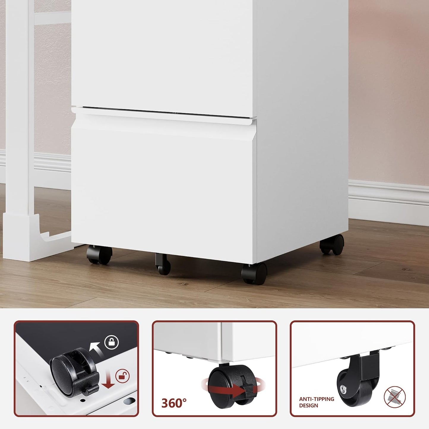 2 Drawer File Cabinet，Mobile Filing Cabinet with Lock and Wheels，Un-Assembled Metal Under Desk File Cabinets for A4/Letter/Legal Size（White