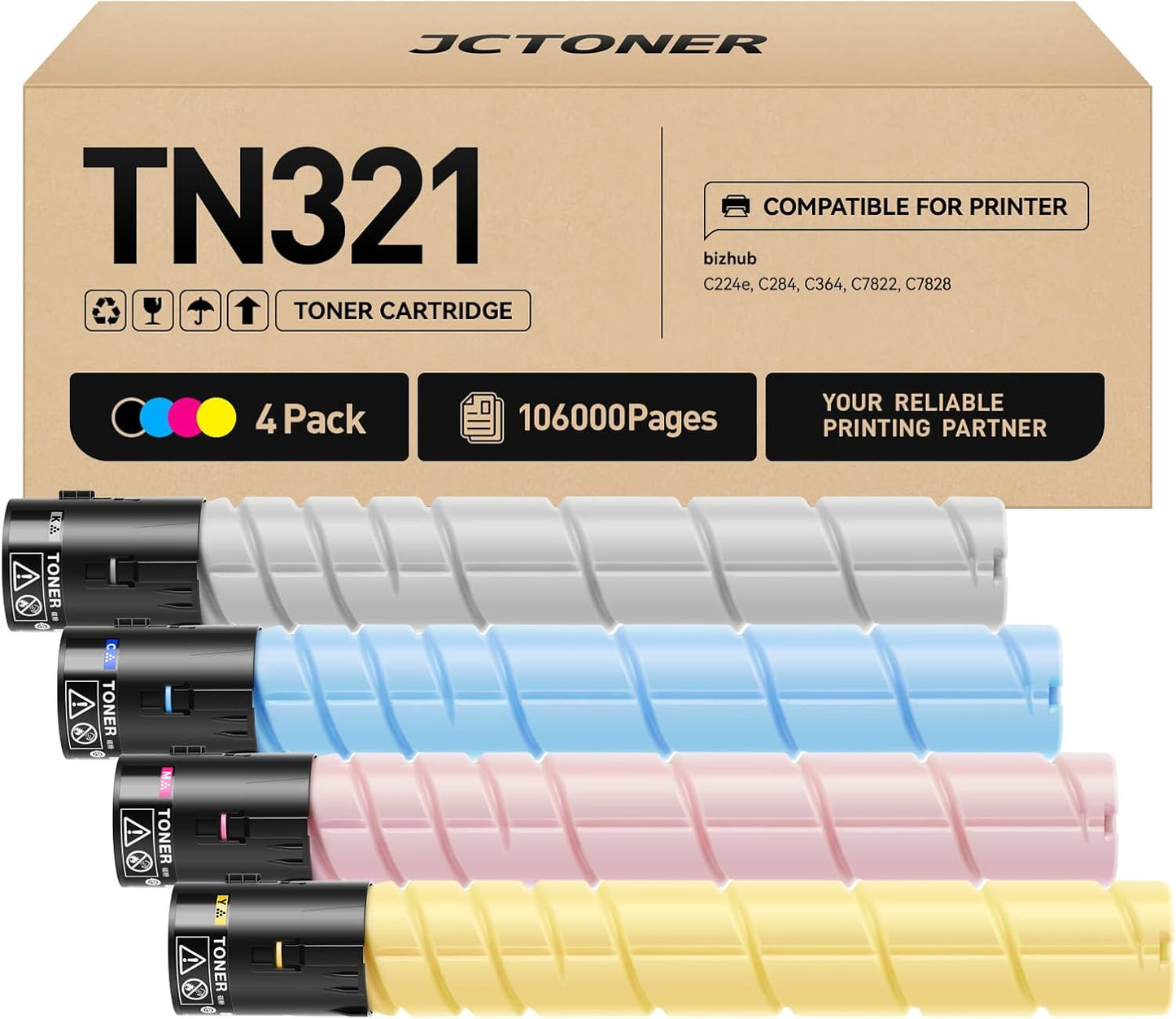 TN321 Toner Cartridge 4-Pack Replacement for TN321K TN321C TN321M TN321Y Toner Compatible with Konica Minolta Bizhub C227 C287 C224 C284 C364 C224e C284e C364e Printers (Black Cyan Magenta Yellow)