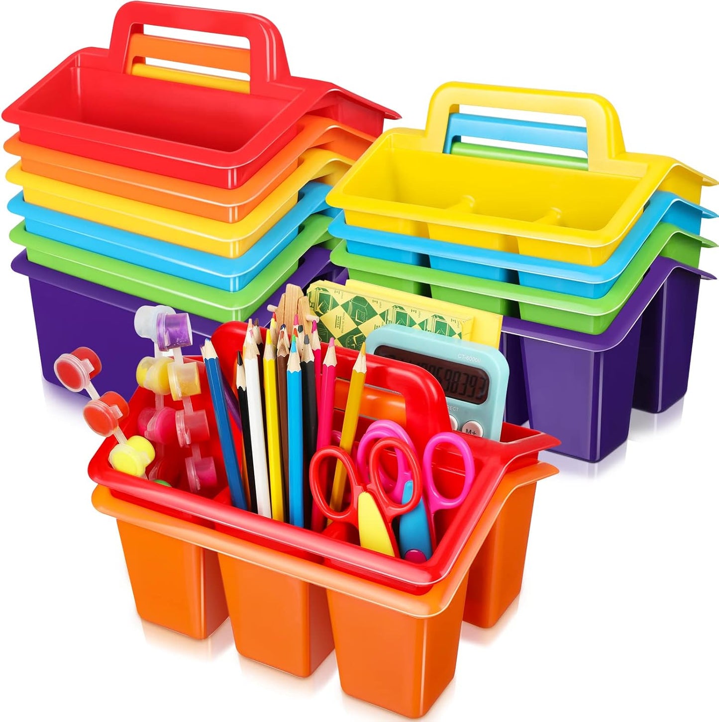 WILLBOND 12 Pcs Classroom Storage Caddies Stackable Utility Caddies with 4 Compartment Plastic Caddy with Handle Portable Storage Bins Organizers for Kids Schools Art Craft Supplies(Colorful)