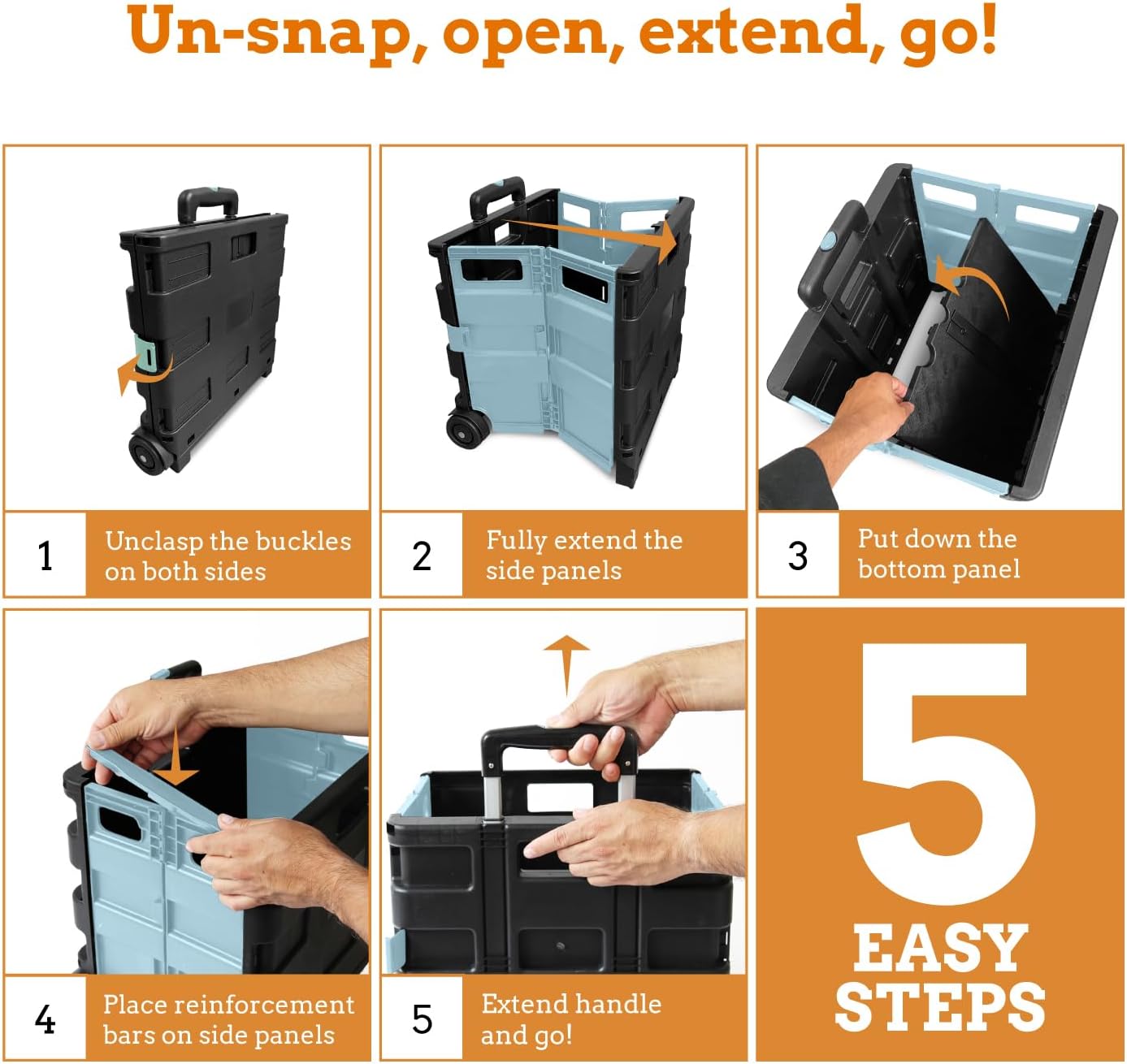 Inspired Living Ultra-Slim Rolling Collapsible Storage Pack-N-Roll Utility-carts, with Telescopic Handle, for Home, Garden, Shopping, Office, School use, Large, Baby Blue & Black