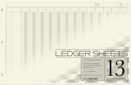 BookFactory Ledger Sheets/Large 13 Column Accounting Ledger Columnar (Thirteen Columns) Loose Leaf Paper - 17'' x 11'', 50 Pages, Loose Leaf, 3 Hole Punched (SHEET-050-CLCLL(17x11-Ledger-13)-AX)