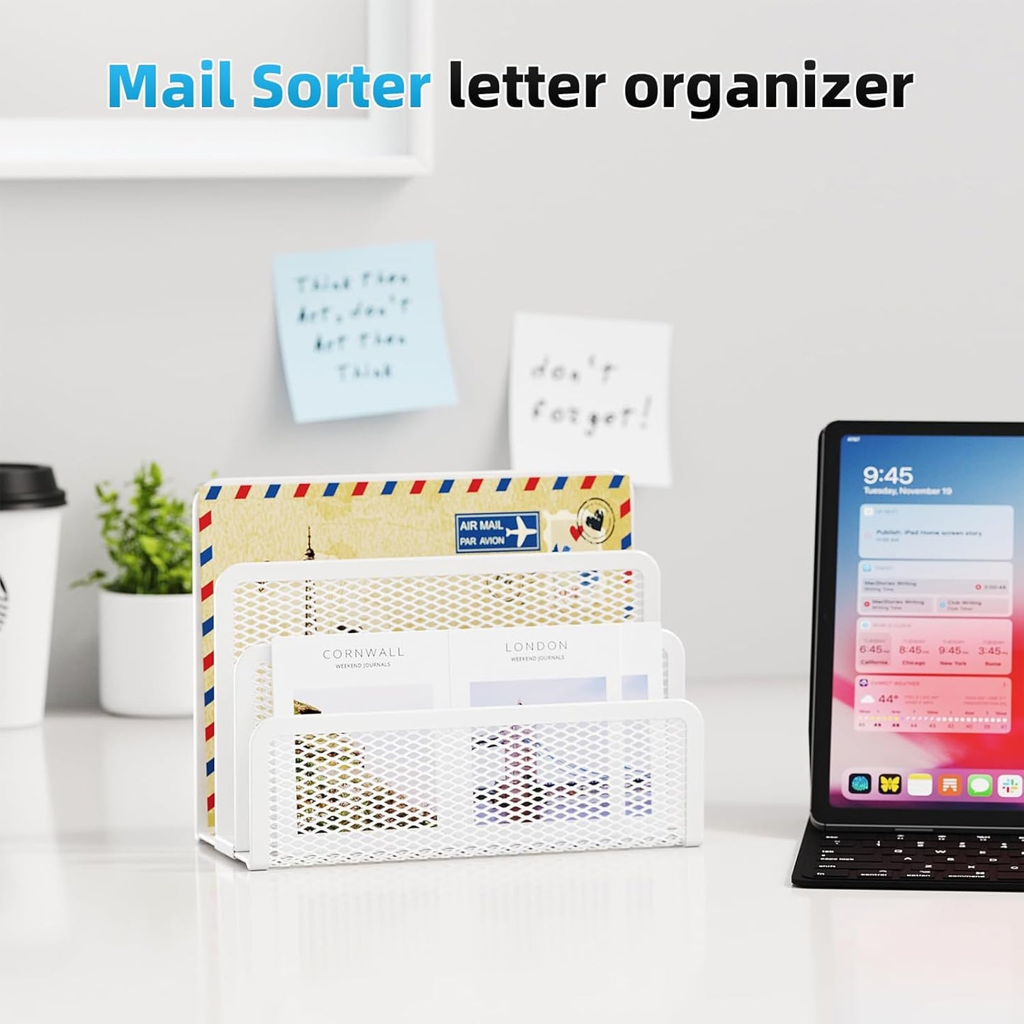 Marbrasse Mail Organizer for Desk, 3-Slot Mesh Metal Mail Holder countertop, Letter Holder, Office Desktop Envelope and Document Storage Rack (White)