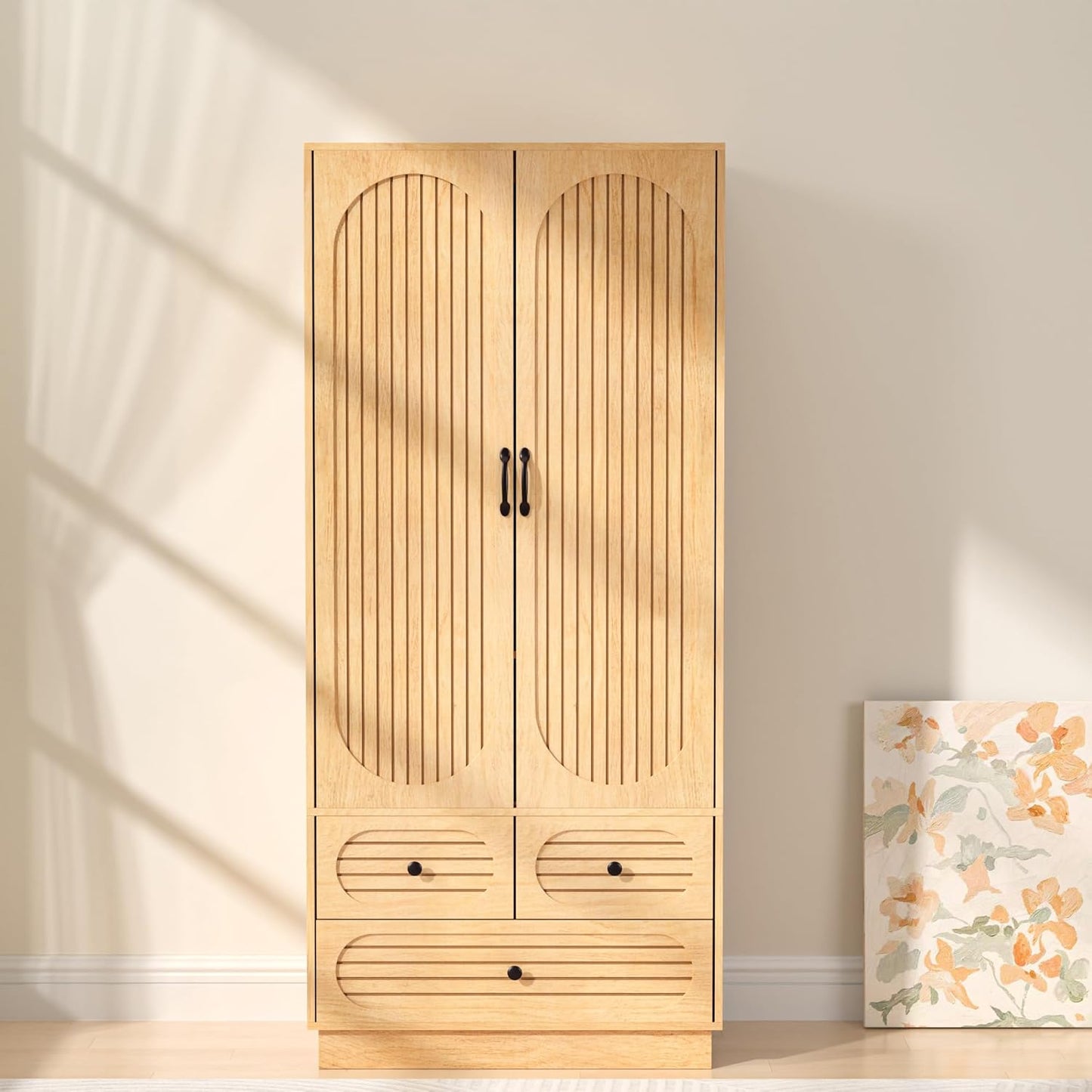 Wood Armoire Wardrobe Closet with Doors, Fluted Wardrobe Cabinet with 3 Drawers, Large Armoire Closet, Tall Clothing Storage Cabinet with Hanging Rod and Shelves, for Bedroom, Laundry, Natural