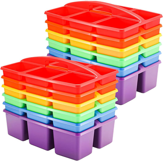 6 Equal Compartment Classroom Caddy, 12 Pack Small Caddy Organizer with Handle Rainbow Colors Plastic Classroom Table Caddies School Supply Organizer for Easy Storage(Rainbow Colors)