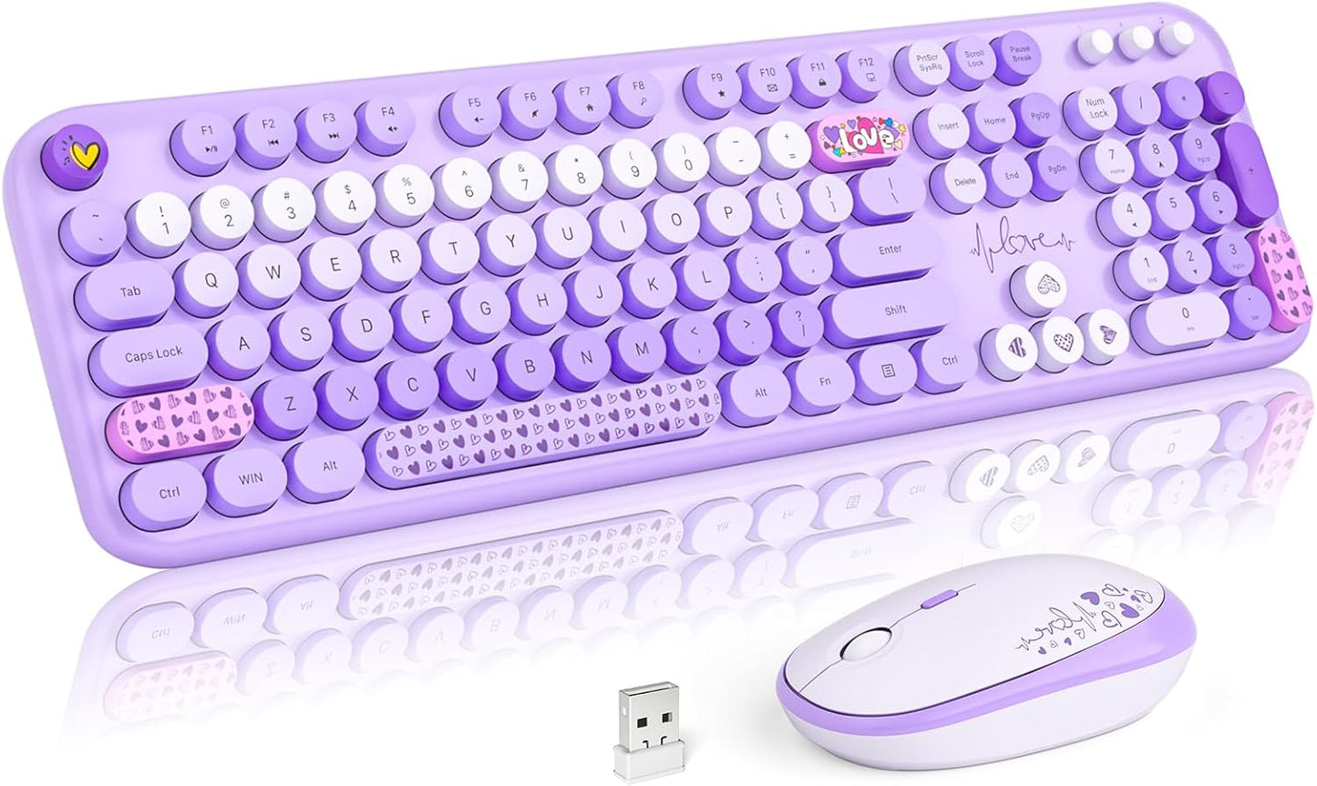 MOFII Wireless Keyboard and Mouse Combo, Cute Retro Typewriter Keyboard and Silent Mouse, 2.4GHz Full Size Computer Keyboard Wireless Mouse Set for PC, Laptop, Desktop, Windows (Purple Colorful)
