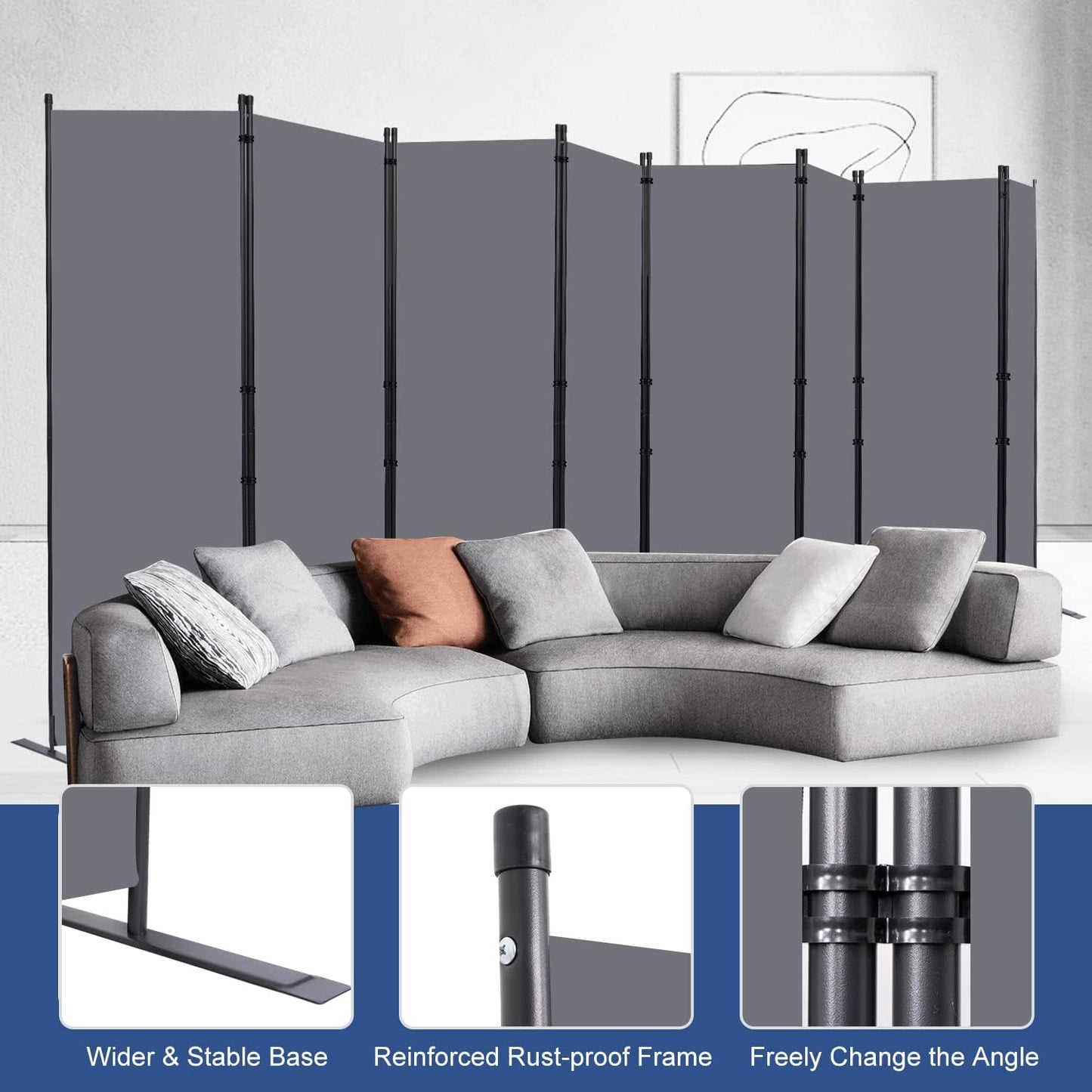 Room Divider and Folding Privacy Screens， 8 Panel Wide Room Divider Wall Screen for Room Separtition, Partition Room Dividers Fabric Panel Wall Dividers Freestanding for Office, Bedroom, Studio Dorm
