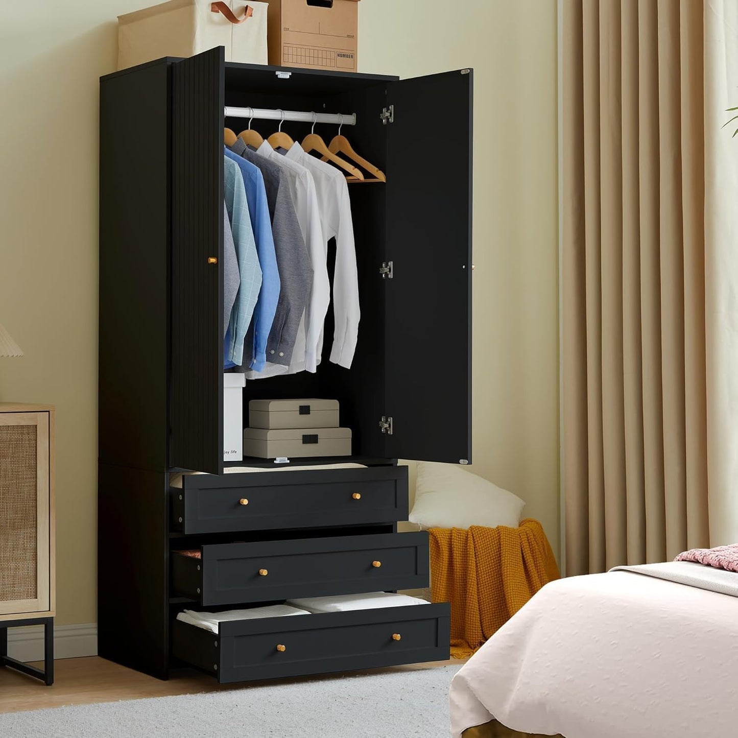 71" Wardrobe Closet Armoire, Wardrobe Armoire Wooden with 2 Doors, 3 Drawers Household Freestanding Wooden Closet Storage Cabinet for Bedroom (Black)