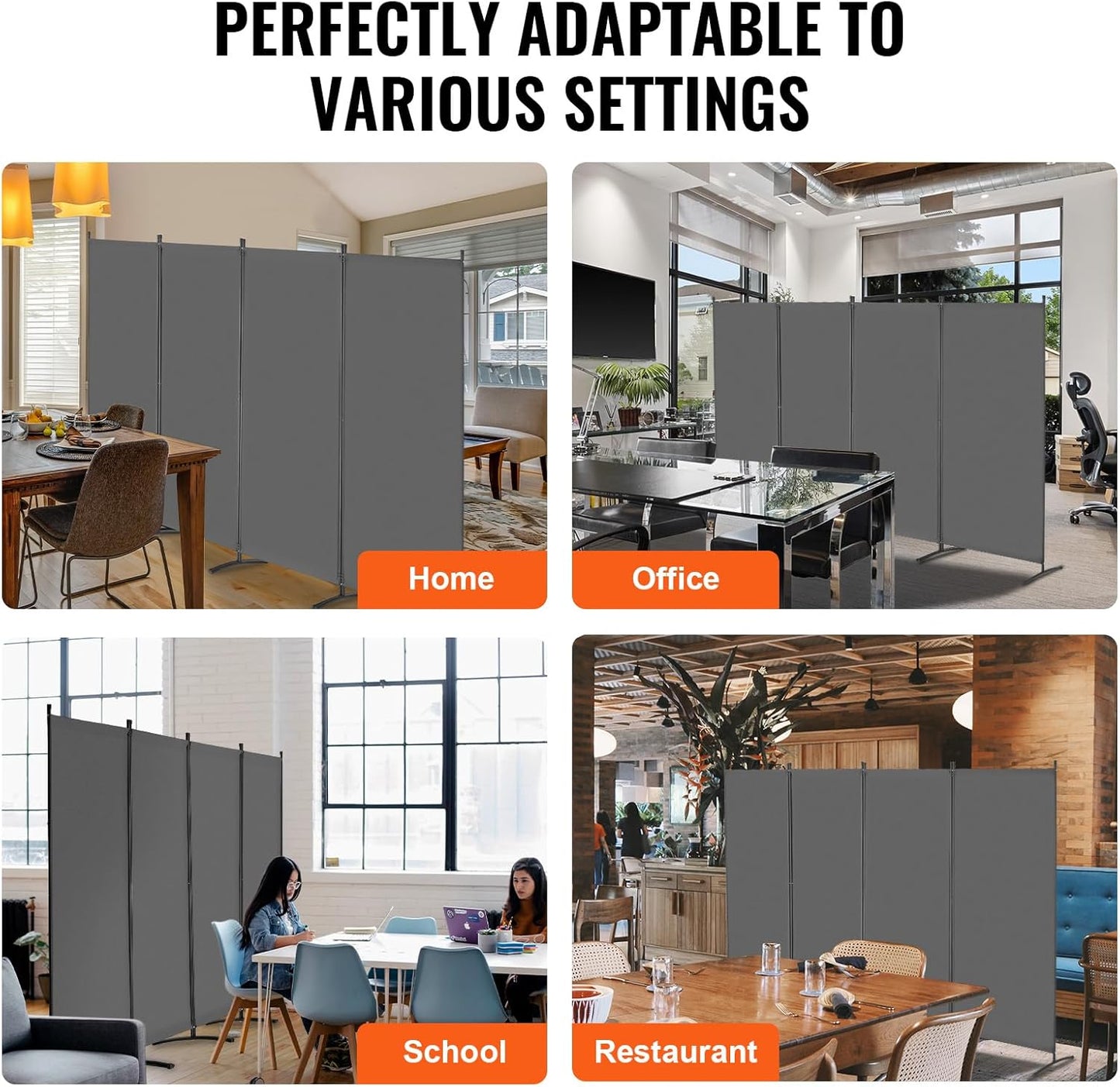 VEVOR Room Divider, 4 Panel Room Divider, Folding Privacy Screen and Portable Partition Divider for Room Separation, Freestanding Room Partitions for Office, Bedroom, Study, Grey