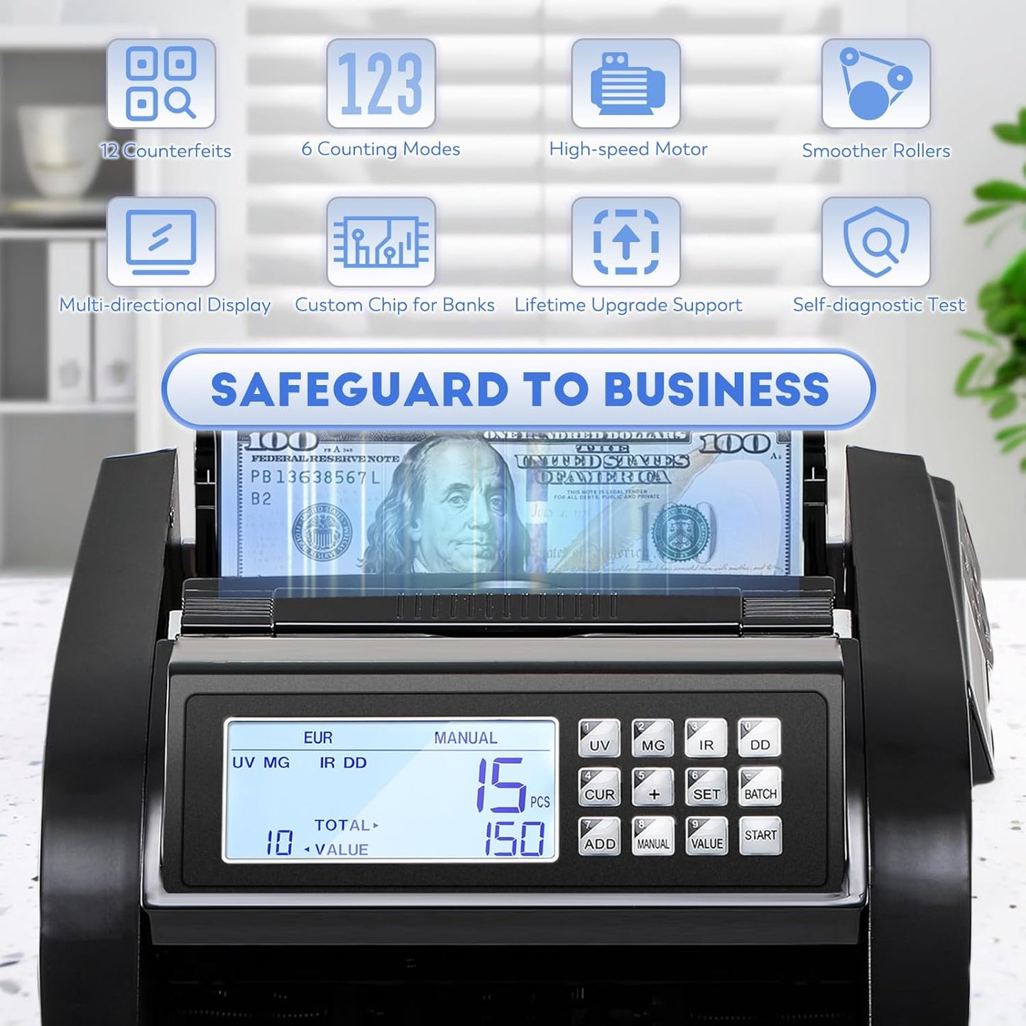Money Counter Machine with Value Count,4" LED Display,Cash Counter for Dollar/Euro with UV/MG/IR/DD Detection, Bill Counting with Count/Add/Batch/Auto Modes,Bill Counter Fast Counting 1,200/Min