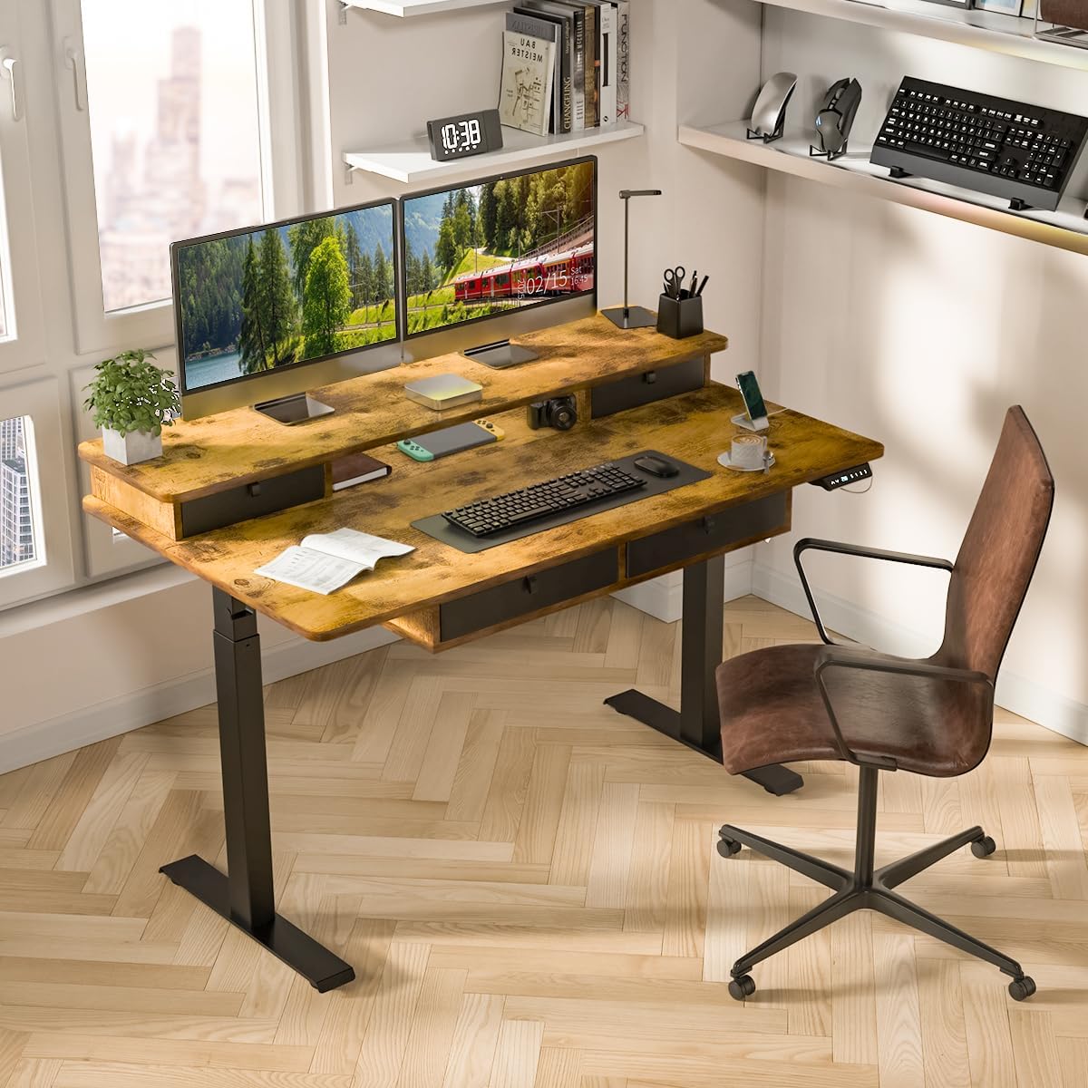 Standing Desk with Fast Charging USB Ports, 55" x 30" Height Adjustable Home Office & Gaming Desk, Sit Stand Desk with Built-in Storage Shelf, Hook & Ergonomic Design(Rustic Brown)