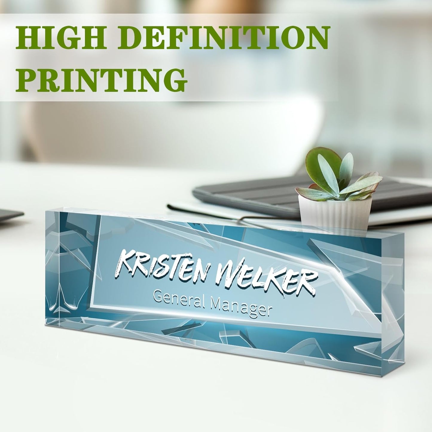 Gowellly Desk Name Plate Personalized - Custom Acrylic Name Plate for Desk - Enterprise Custom Logo/Text nameplates - Employee Appreciation Gifts (Broken Glass-1)