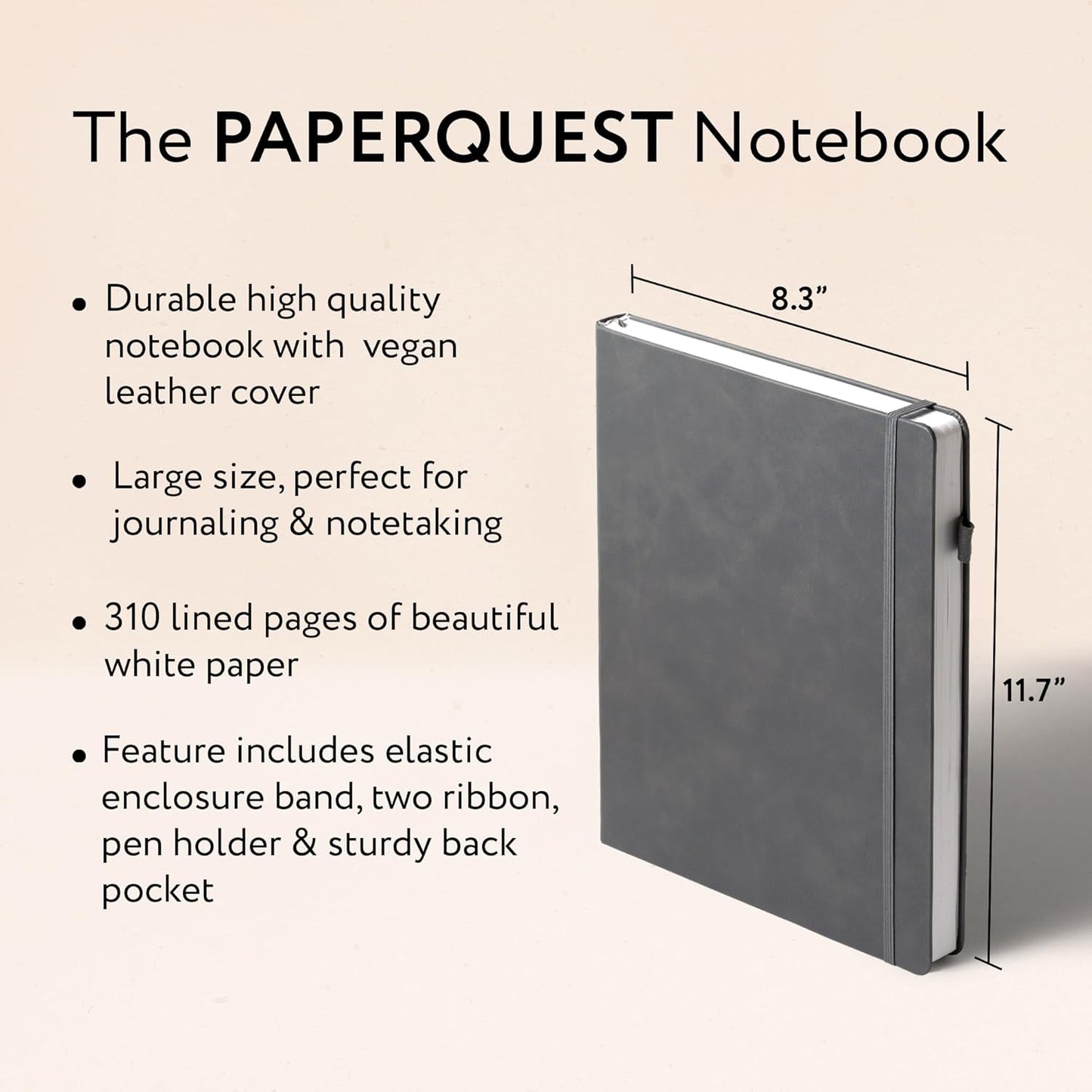A4 Hardback Notebook, Vegan Leather Journal Lined, 310 Pages, 100GSM Thick Paper, Lay flat Notebook for Women, Men, Writing, Office, Work, Study, College Ruled Notebook with Pocket,