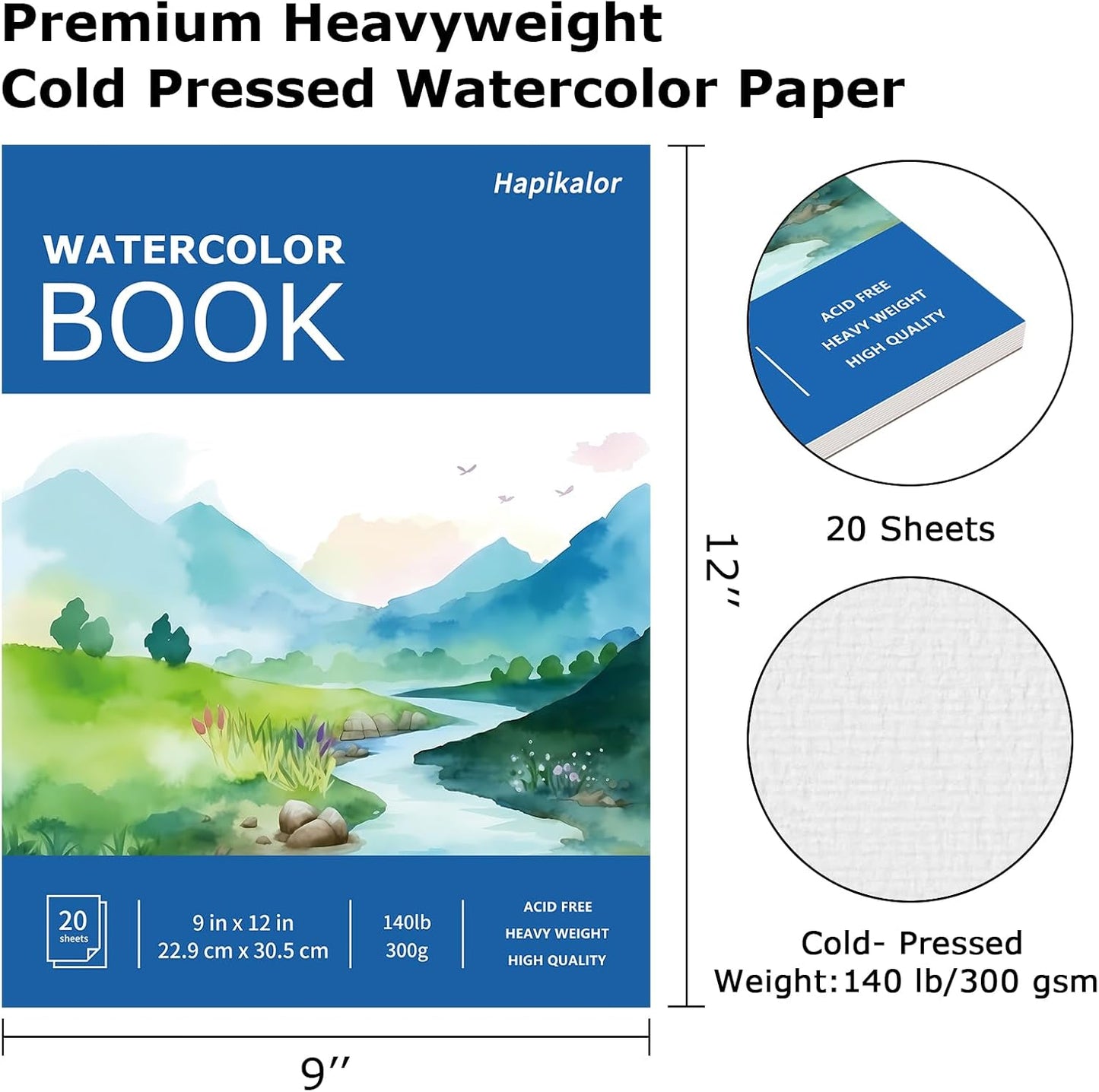Hapikalor School Supplies for Teens, 3-Pack 9"x12" Watercolor Paper Pad, 140lb/300gsm, Premium Water Color Pad for Paint, Watercolor Pencils, Watercolor Pens, Charcoal, Oil Pastels and Acrylic, Blue