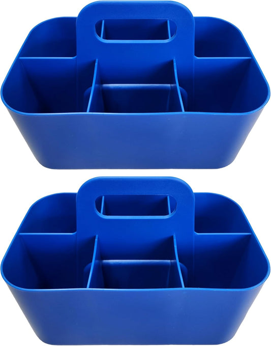 2 Pack Small 6 Compartment Multiuse Caddy Organizer with Handle Art Craft Supplies, Office, Desk, Stationery Pen Holder Stackable- Made In USA (Blue)