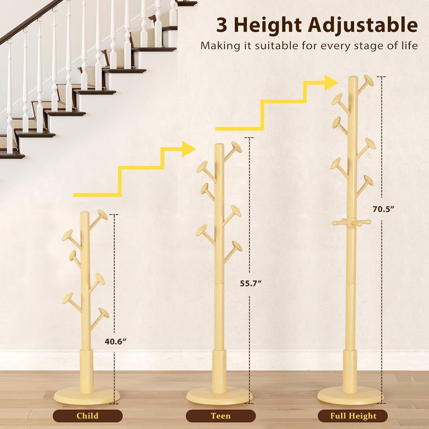 Solid Wood Coat Rack Freestanding Coat Tree with 10 Hooks for Bedroom, Livingroom, Entryway, Sturdy Coat Hanger Stand for Hats, Coats, Scarves, Handbags, Purses