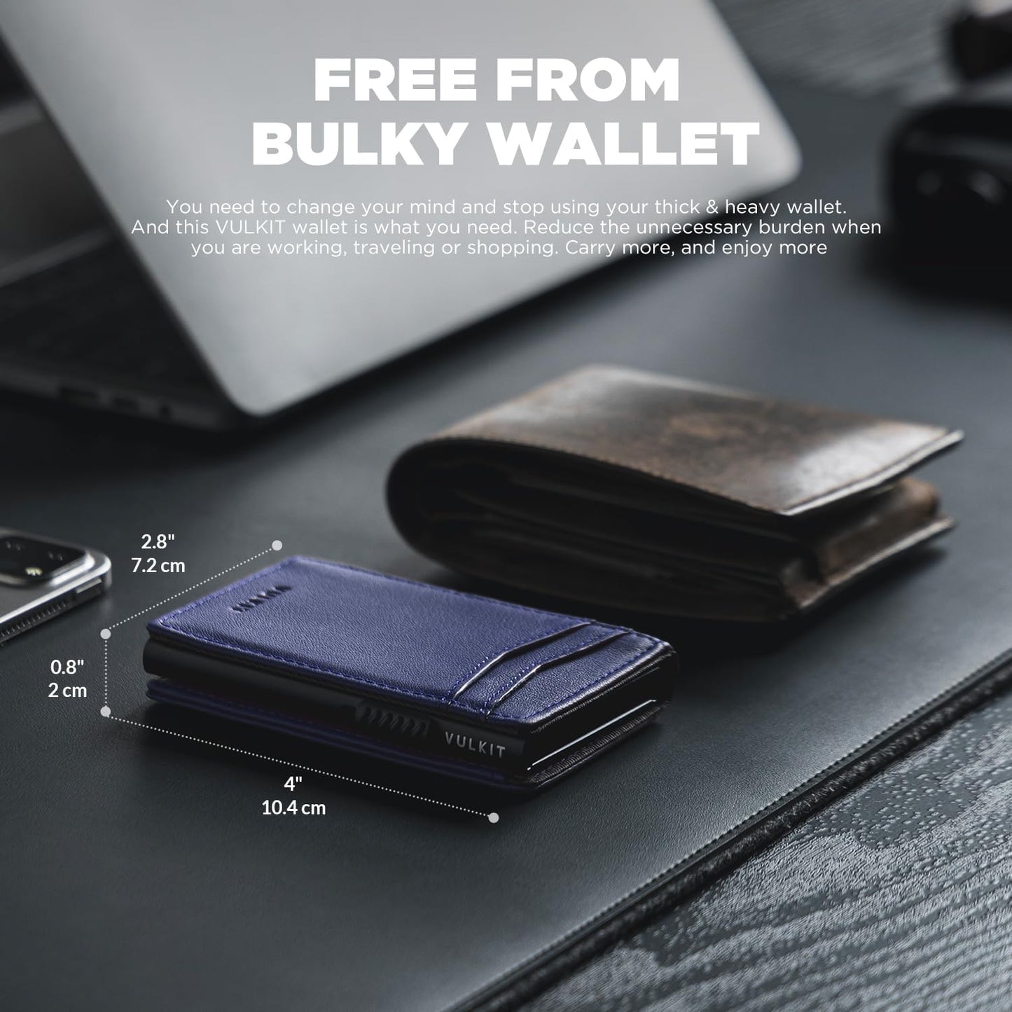 VULKIT Men's Wallet with ID Window Top Grain Leather RFID Blocking Minimalist Wallet Pop Up Card Holder Magnetic Closure