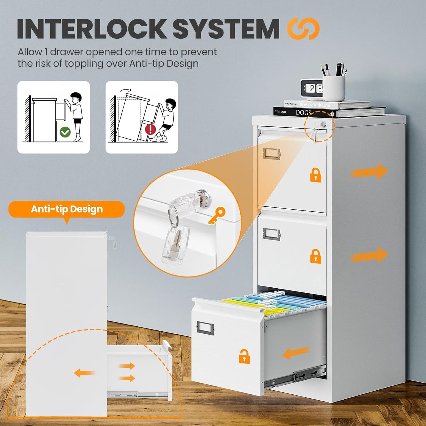 3 Drawer File Cabinet with Lock, Metal Filing Cabinets for Home Office, Vertical White Locking File Caninet, Steel Narrow Three Drawer File Cabnet for Letter/Legal / A4 / B4- Assembly Required