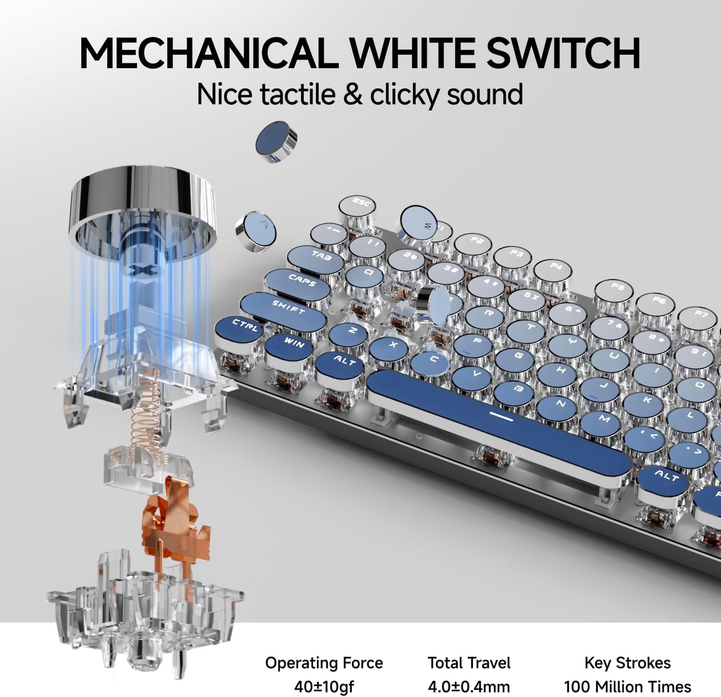 EWEADN Typewriter Keyboard Wireless Mechanical Keyboard, 104 Keys Gradient Color Typewriter Keyboards with White Backlit, Anti-Ghosting, Blue Switch Bluetooth/2.4GHz/Wired Keyboards-Blue