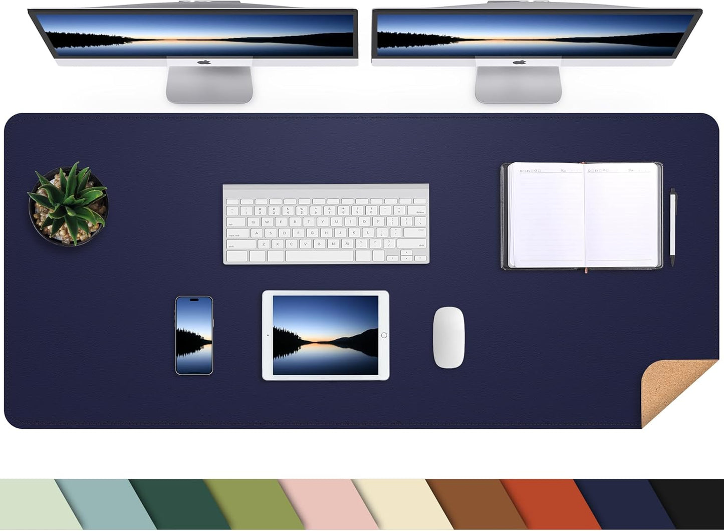 Leather Desk pad Protector, Large Desk mat with Natural Cork & PU Leather,Mouse pad,Non-Slip Office Desk Mat,Waterproof Desk Writing Pad for Office and Home (47in*17in, Blue)