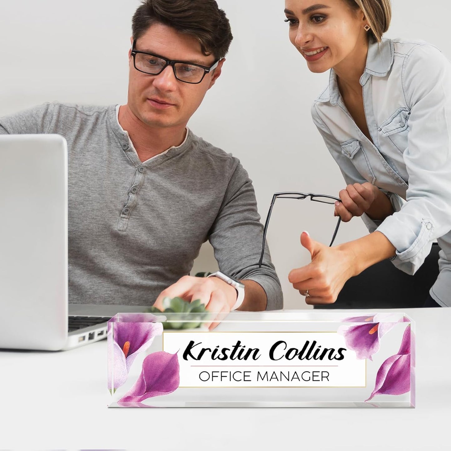 Custom Name Plate for Desk, Acrylic Office Decor For Women Men, Personalized Office Desk Accessories, Teacher Employee Appreciation Gifts For Social Worker Boss Coworkers (Purple Flower-2)