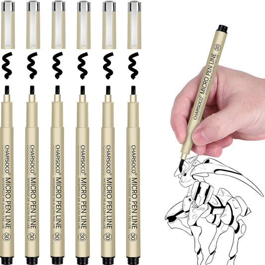 30 Micro Pen, 6 Pack Black Fine Point Pen with Waterproof Archival Ink, 3mm Fineliner Ink Pens for Artist Illustration, Sketching, Anime, Manga, Technical Drawing and Scrapbooking