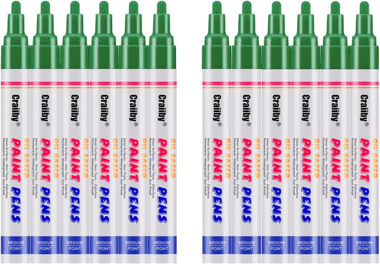 Green Paint Markers, 12 Pack Oil-Based Waterproof Quick Dry Permanent Paint Pen Set for Rocks Painting, Wood, Fabric, Plastic, Canvas, Glass, Mugs, Metal, Tire, Stone, DIY Craft