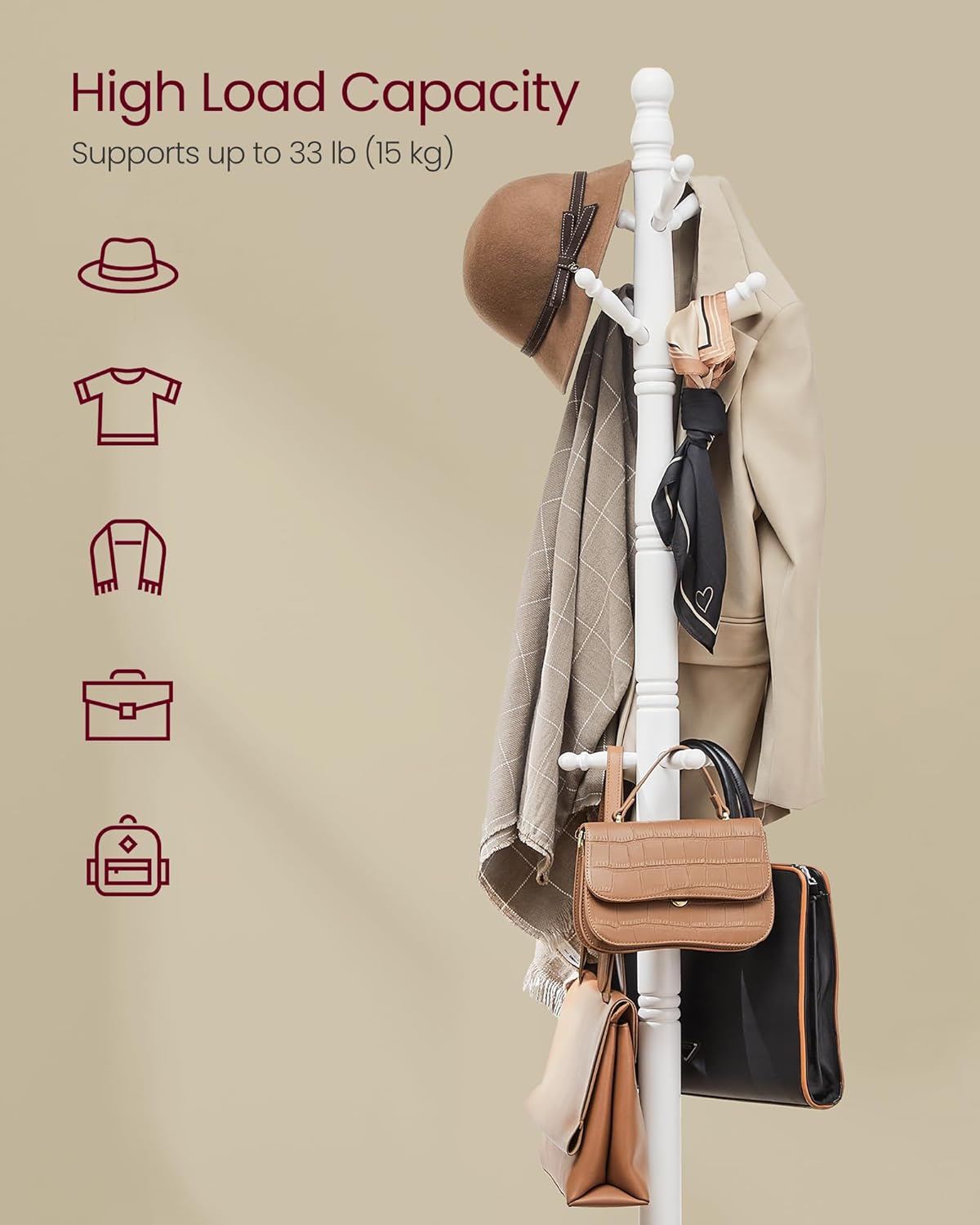 VASAGLE Solid Wood Coat Rack and Stand, Free Standing Hall Coat Tree with 10 Hooks for Hats, Bags, Purses, for Entryway, Hallway, Rubberwood, Cloud White URCR03WT