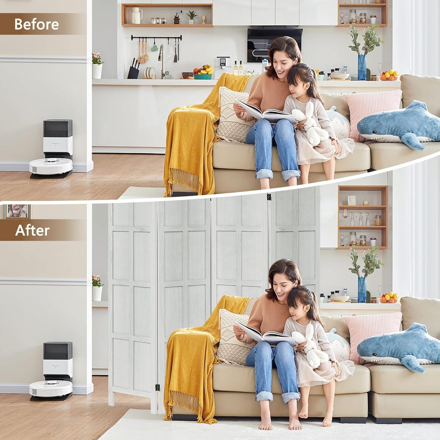 4 Panel Room Divider, 5.6Ft Wood Room Dividers and Folding Privacy Screens, Room Divider Wall Freestanding Room Partitions, Room Dividers Screen for Home Office Restaurant Bedroom, White