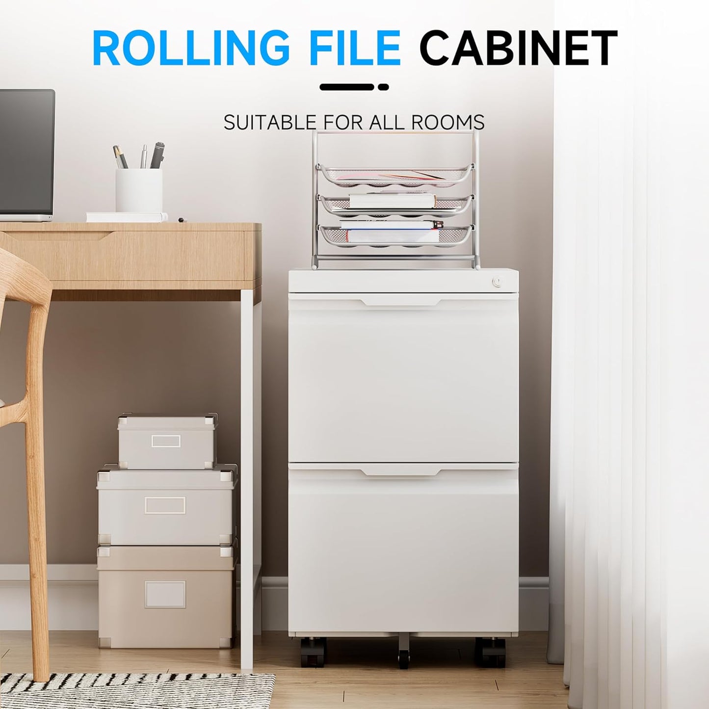 Bestoo 2 Drawer Mobile File Cabinet with Lock, File Cabinet on Wheels for Letter/Legal/A4 File, Metal Rolling File Cabinets for Home Office (White)