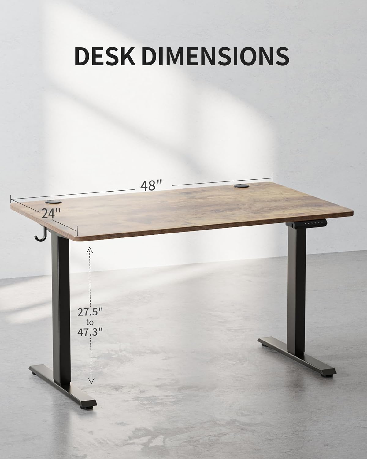 FEZIBO One-Piece Standing Desk Adjustable Height Stand up Home Office Desk, 48x24 Inch Electric Standing Computer Desk, with 4 Memory Presets, Fixable casters, Rustic Brown