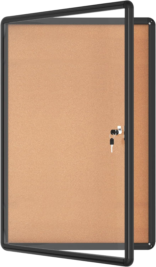 36"x24" Enclosed Bulletin Board, Lockable Weather-Resistant Aluminum Cork Noticeboard for School & Office, Black Frame w/Cork