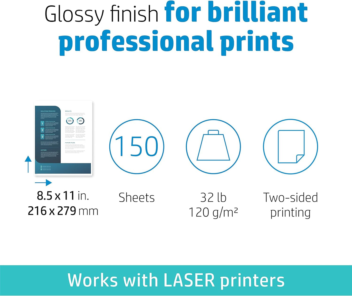 HP Everyday Business Paper, Glossy, 8.5x11 in, 32 lb, 150 sheets, works with laser printers (4WN08A)