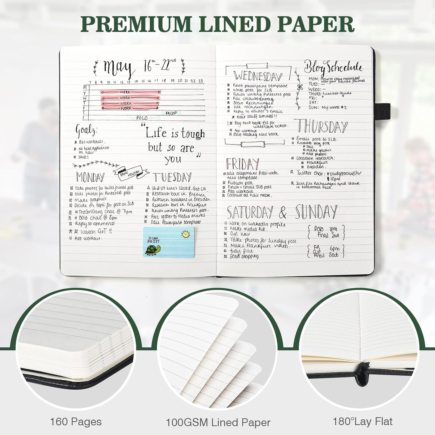 Lined Journal Notebook, 3 Pack A5 College Ruled Notebooks for Work, Hardcover Notebook Each with 2 Pockets & Pen, Leather Journal for Women, Men, 160 Pages, 100GSM Thick Paper (Green, Red, Black)