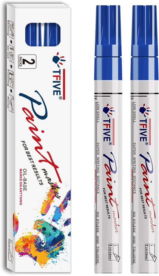 TFIVE Blue Permanent Paint Marker Pens - 2 Count Oil Based Marker Pen, Medium Tip, Waterproof & Quick Dry, for Office, Art projects, Rock Painting, Ceramic, Glass, Wood, Plastic, Metal, Canvas